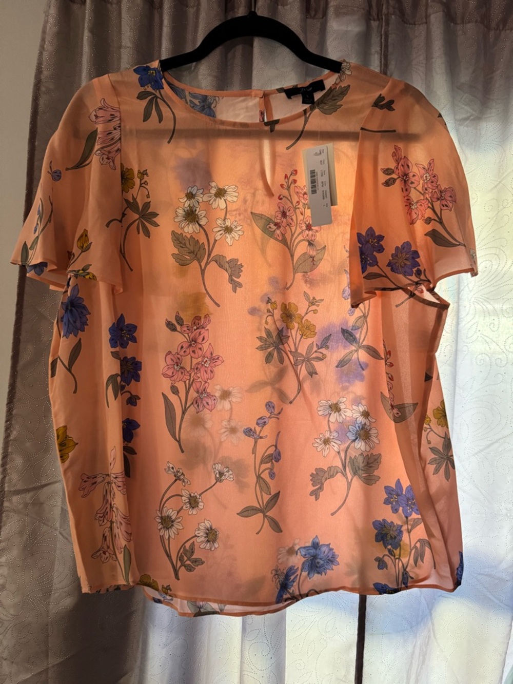 J. Crew Peach Floral Short-Sleeve Blouse with Blue and White Blooms